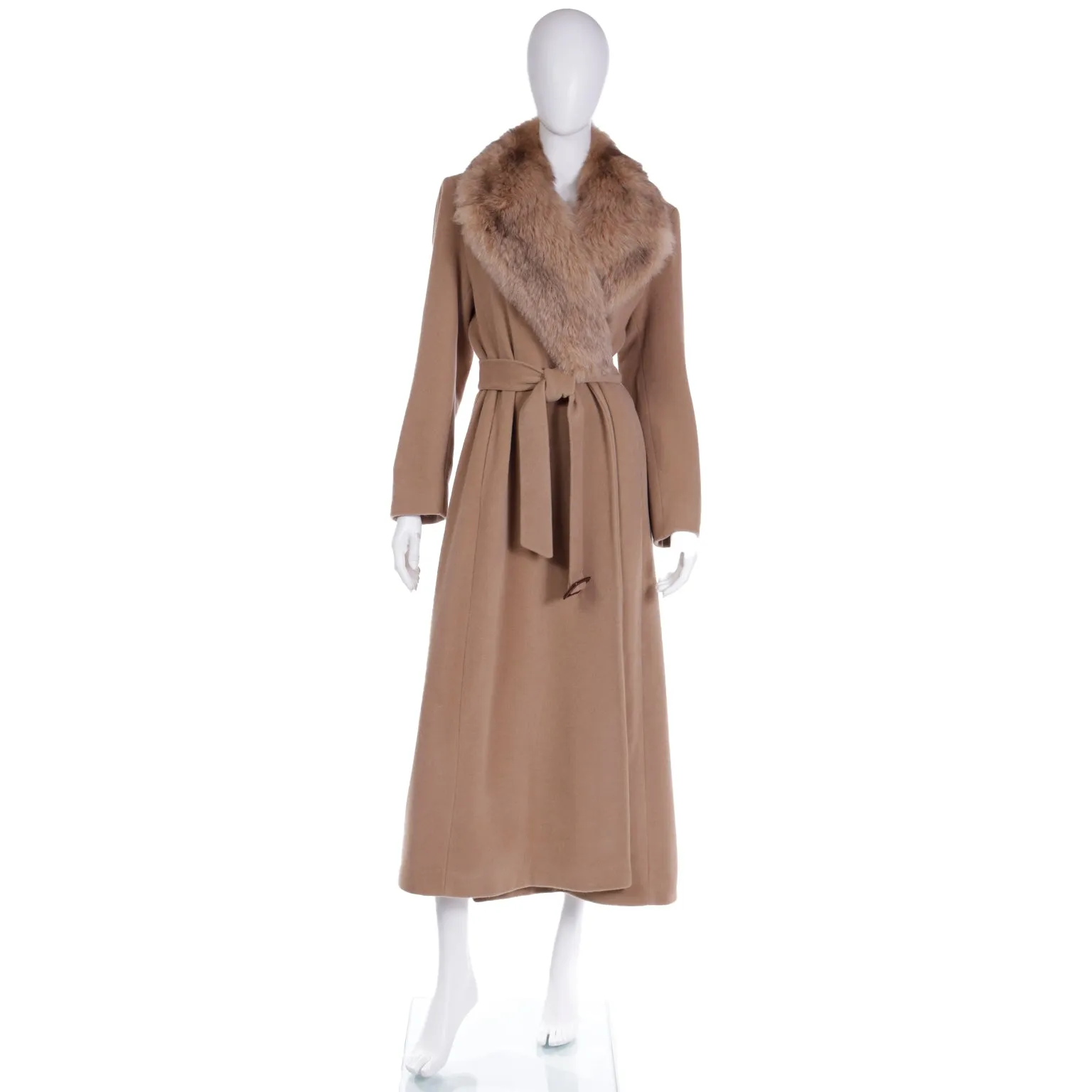 1990s Isaac Mizrahi Camel Brown Coat w/ Fox Fur Lapel