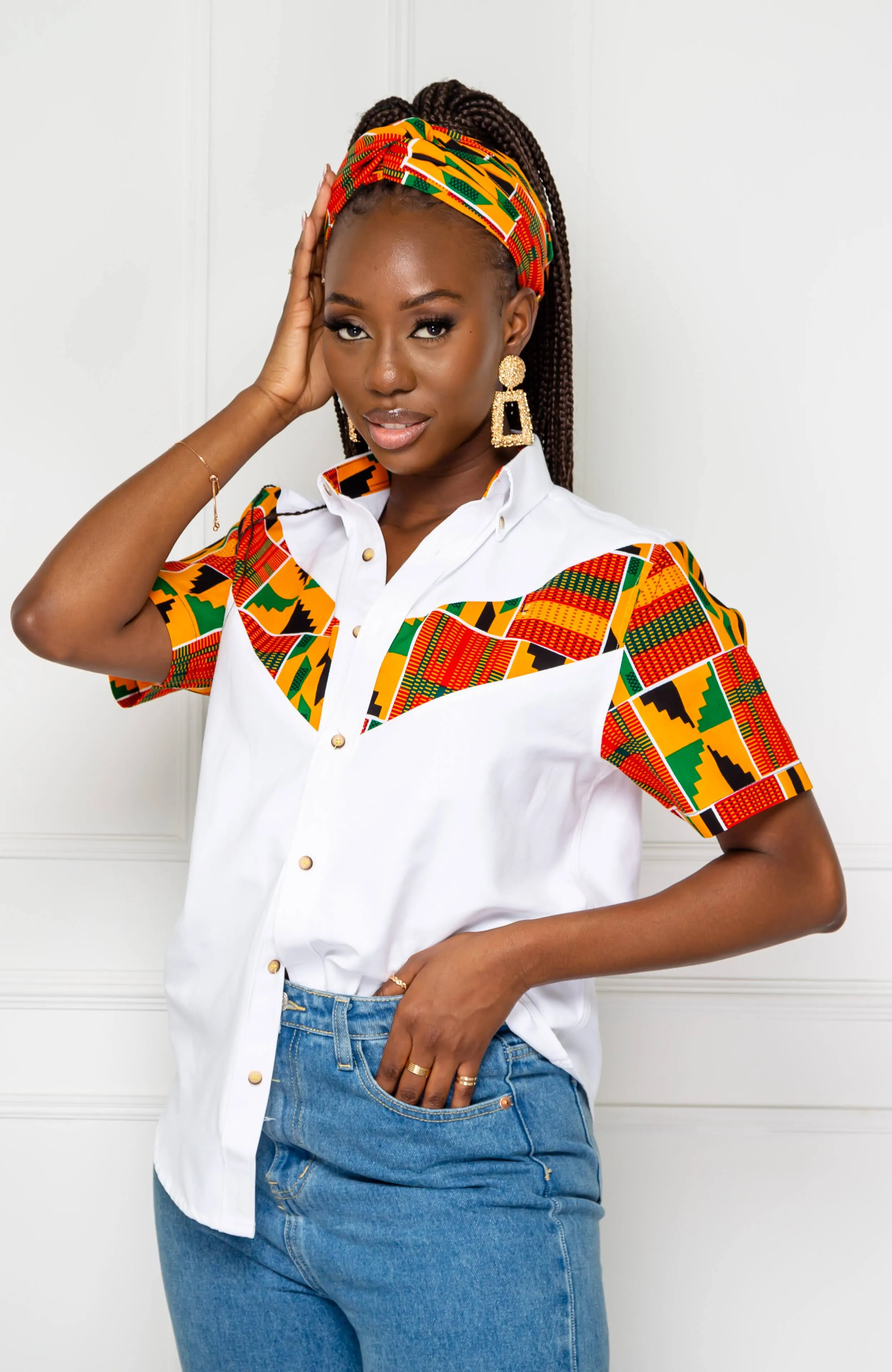 African Print V-Shaped Shirt for Women | Unisex Short Sleeve Ankara Shirt - KENYA