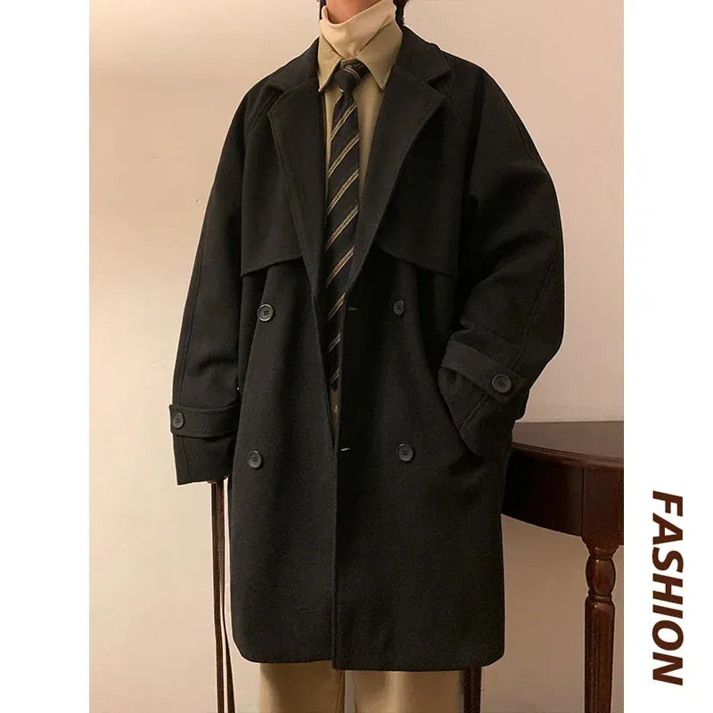 Aidase Autumn Winter Wool Jacket Men Casual Solid Wool Coats Male Loose Turn Down Collar Mens Long Coat