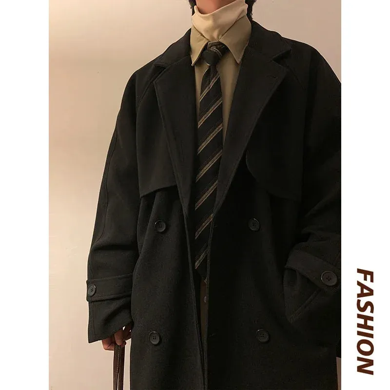 Aidase Autumn Winter Wool Jacket Men Casual Solid Wool Coats Male Loose Turn Down Collar Mens Long Coat