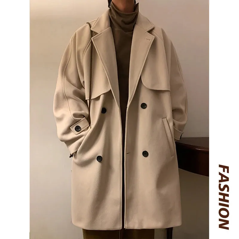 Aidase Autumn Winter Wool Jacket Men Casual Solid Wool Coats Male Loose Turn Down Collar Mens Long Coat