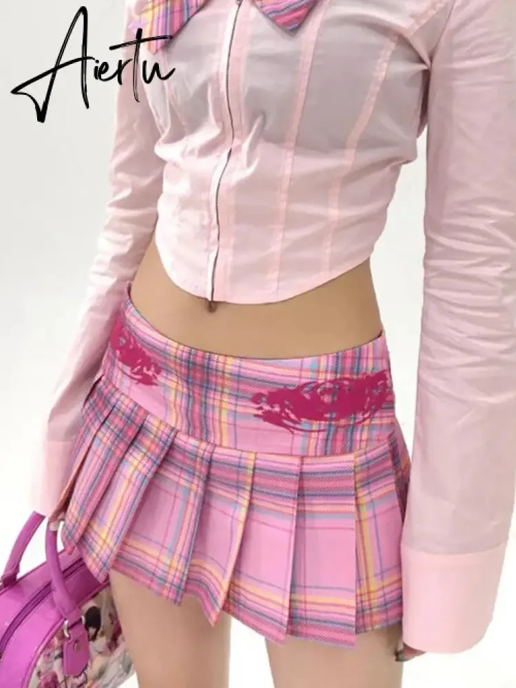 Aiertu Harajuku Kawaii Pink Plaid Skirts Preppy Style Girls Sexy JK Pleated Mini Skirts With Shorts Y2k Kawaii Women Skirts