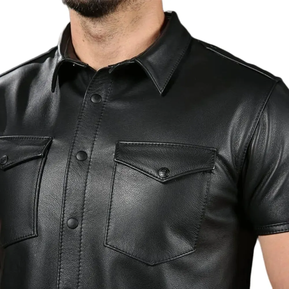 Black Leather Short Sleeve Shirt