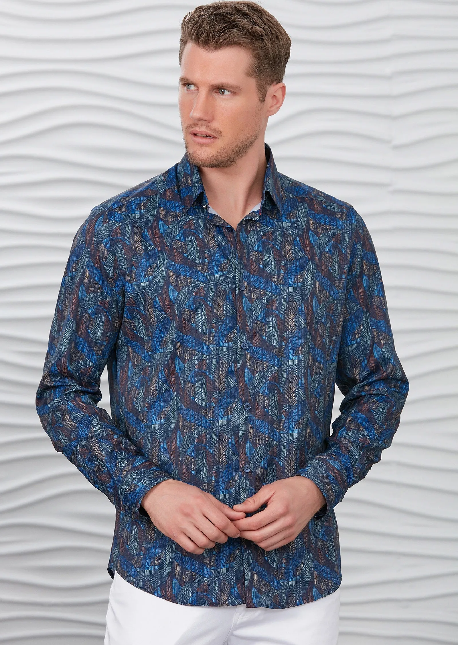 Blue Brown Leaf Silky Print Shirt