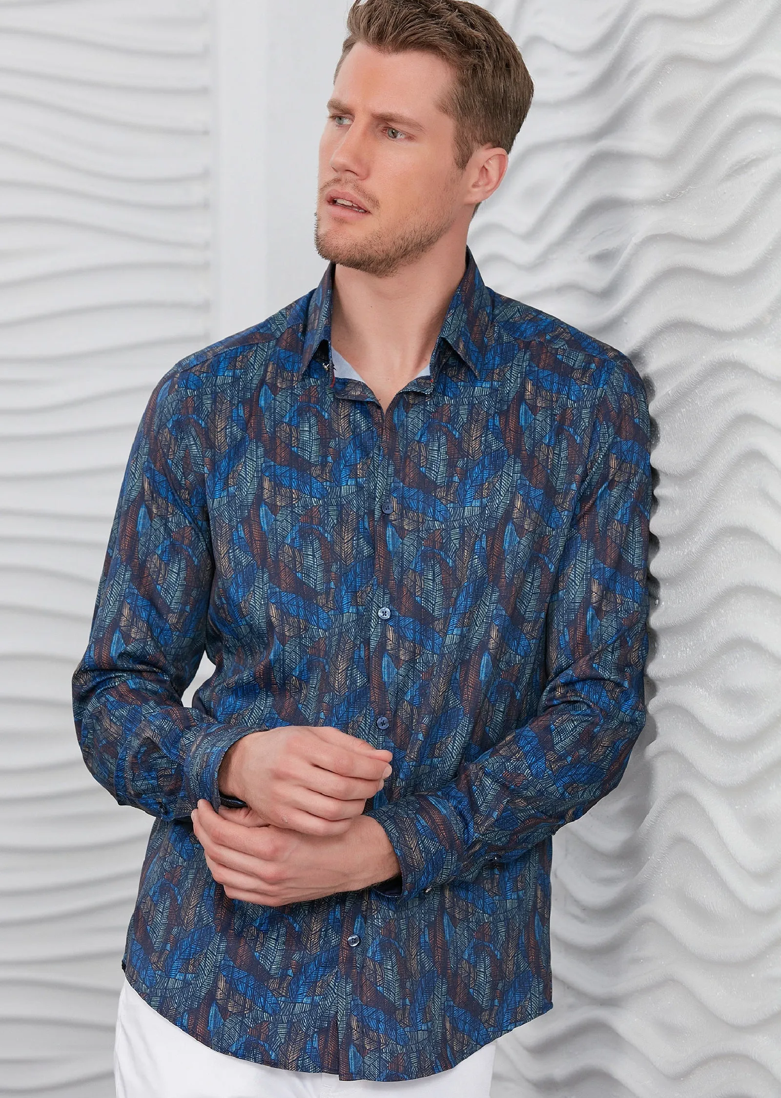 Blue Brown Leaf Silky Print Shirt