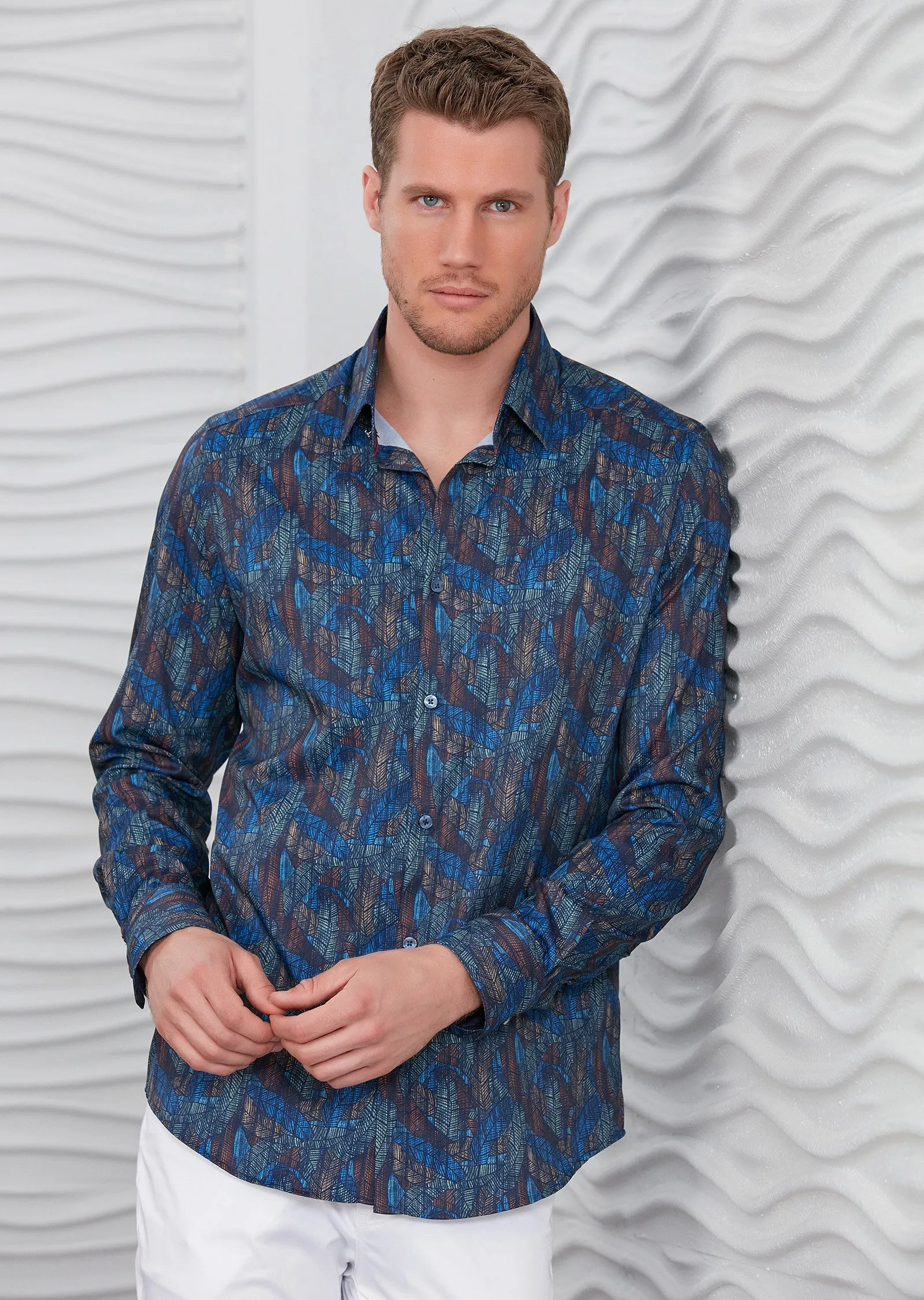 Blue Brown Leaf Silky Print Shirt