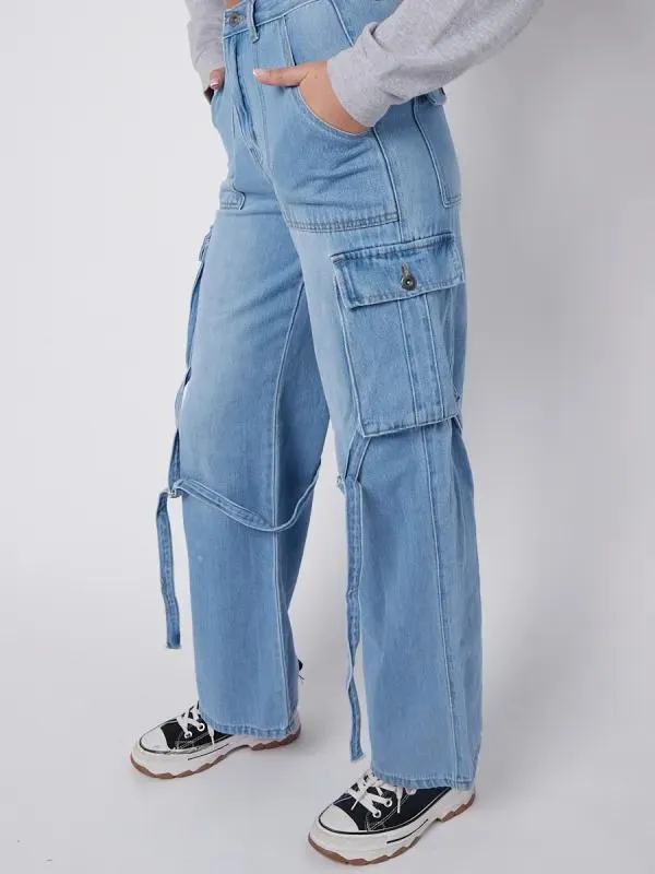 Blue DINO High Waist Wide Leg Cargo Jeans