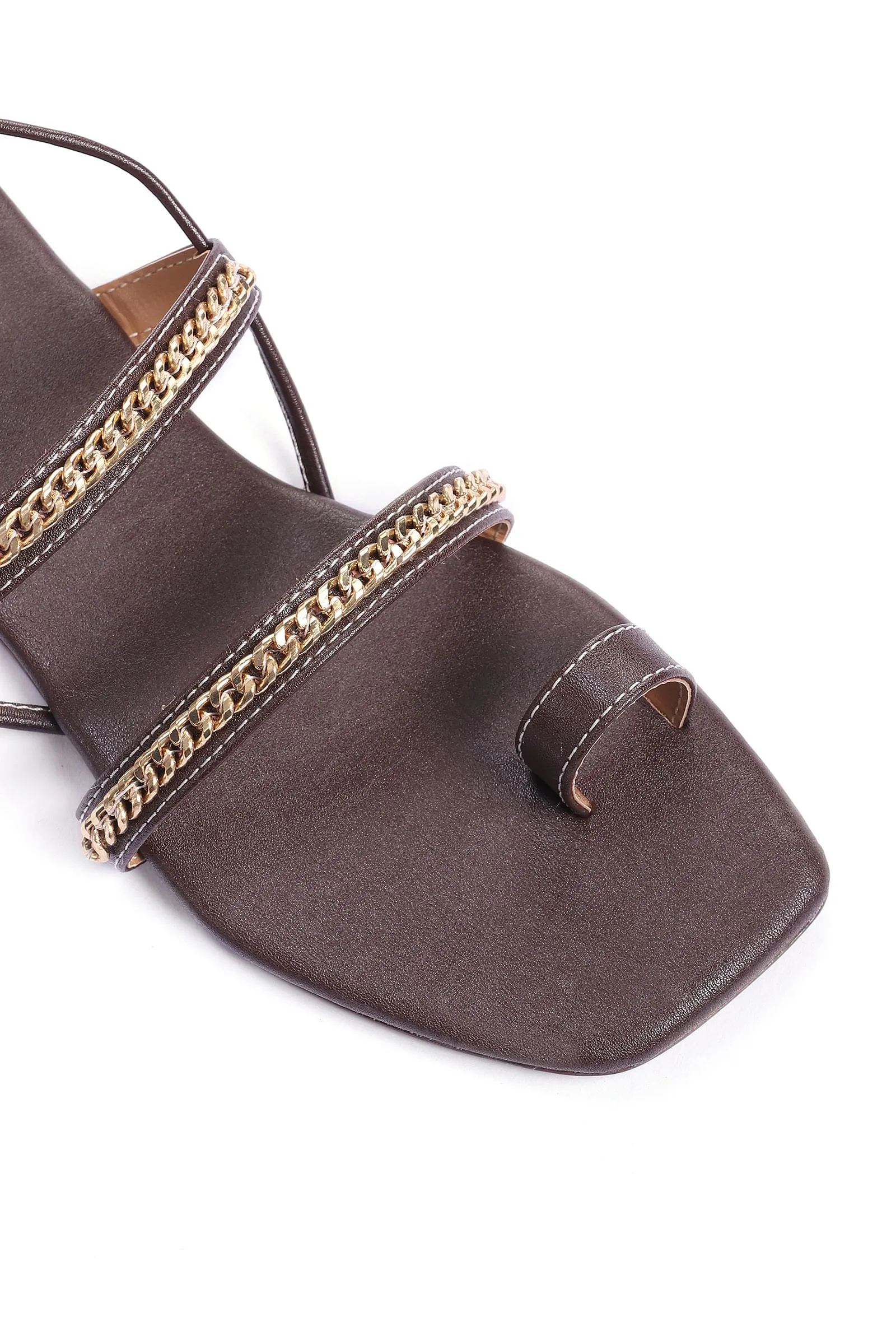 Brown Linked Chain Summer Tie Up Flats