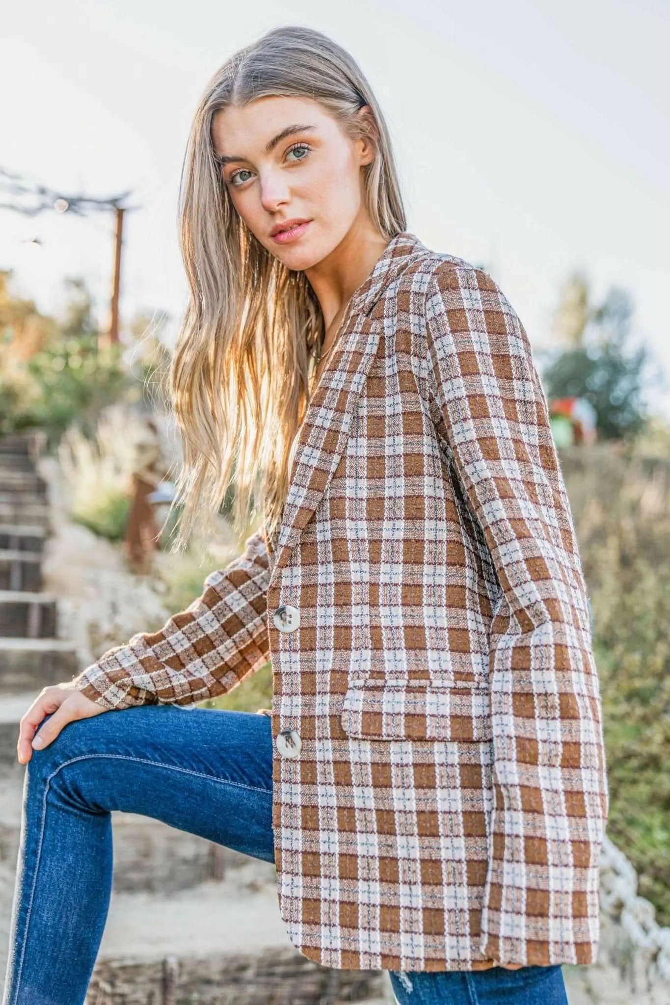 Brown Plaid Pattern Tweed Casual Blazer