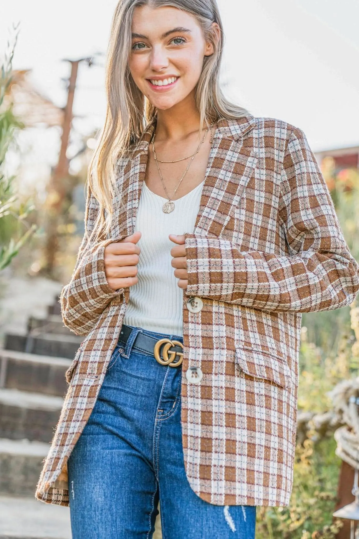 Brown Plaid Pattern Tweed Casual Blazer