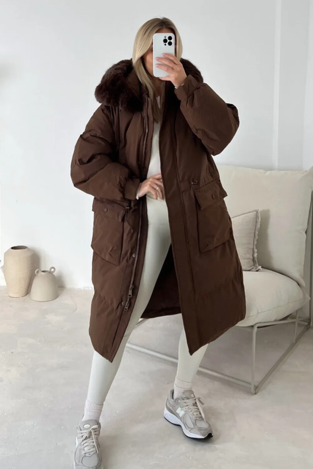 Carrie chocolate long puffer coat with faux fur hood