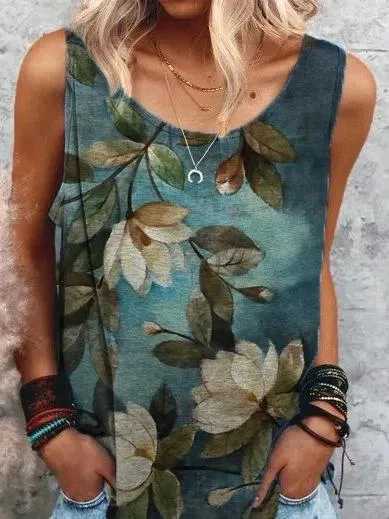 Casual sleeveless round neck print casual loose summer women's t-shirt