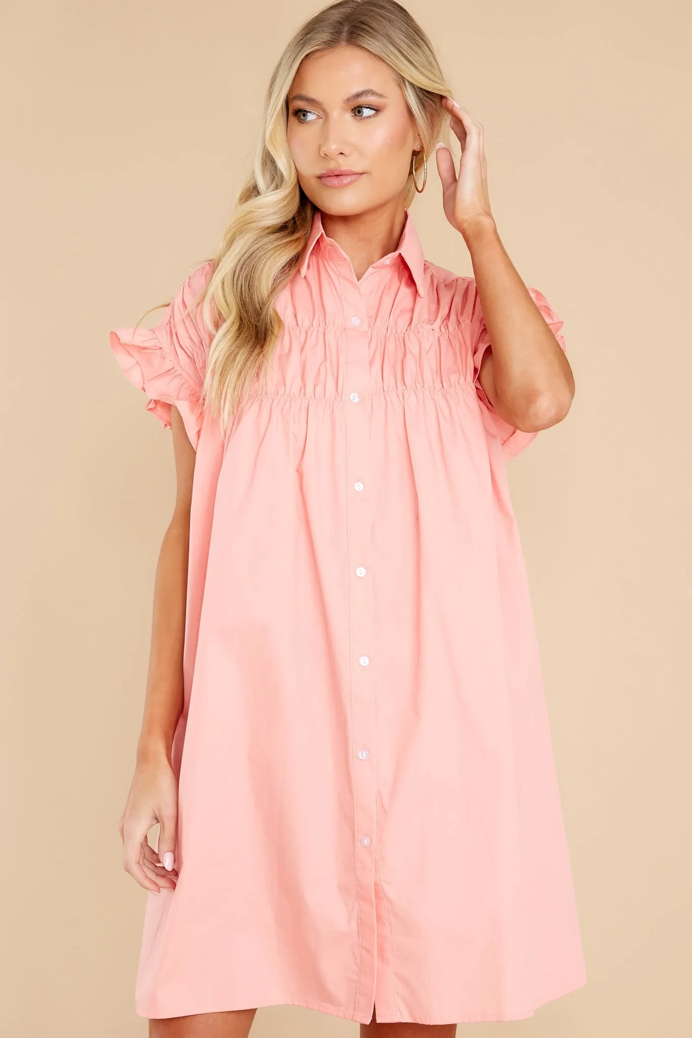 Caught Feelings Pink Rose Gathered Shirt Dress