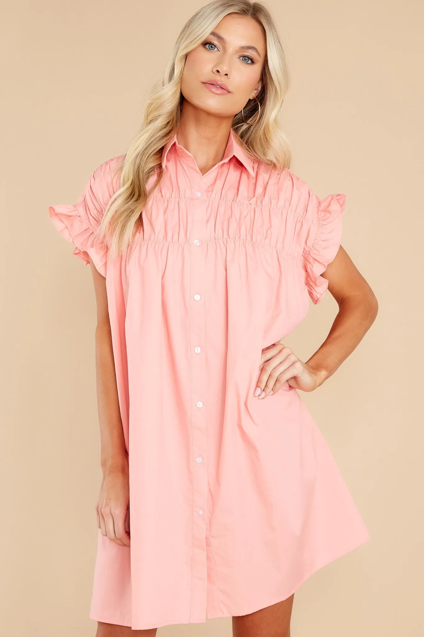 Caught Feelings Pink Rose Gathered Shirt Dress