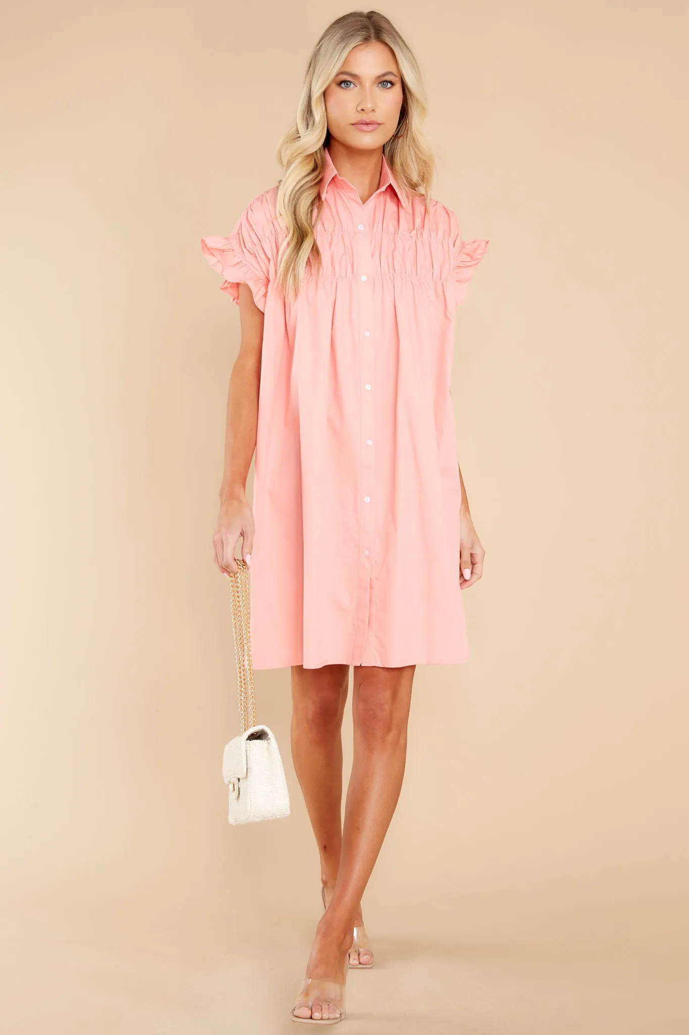 Caught Feelings Pink Rose Gathered Shirt Dress