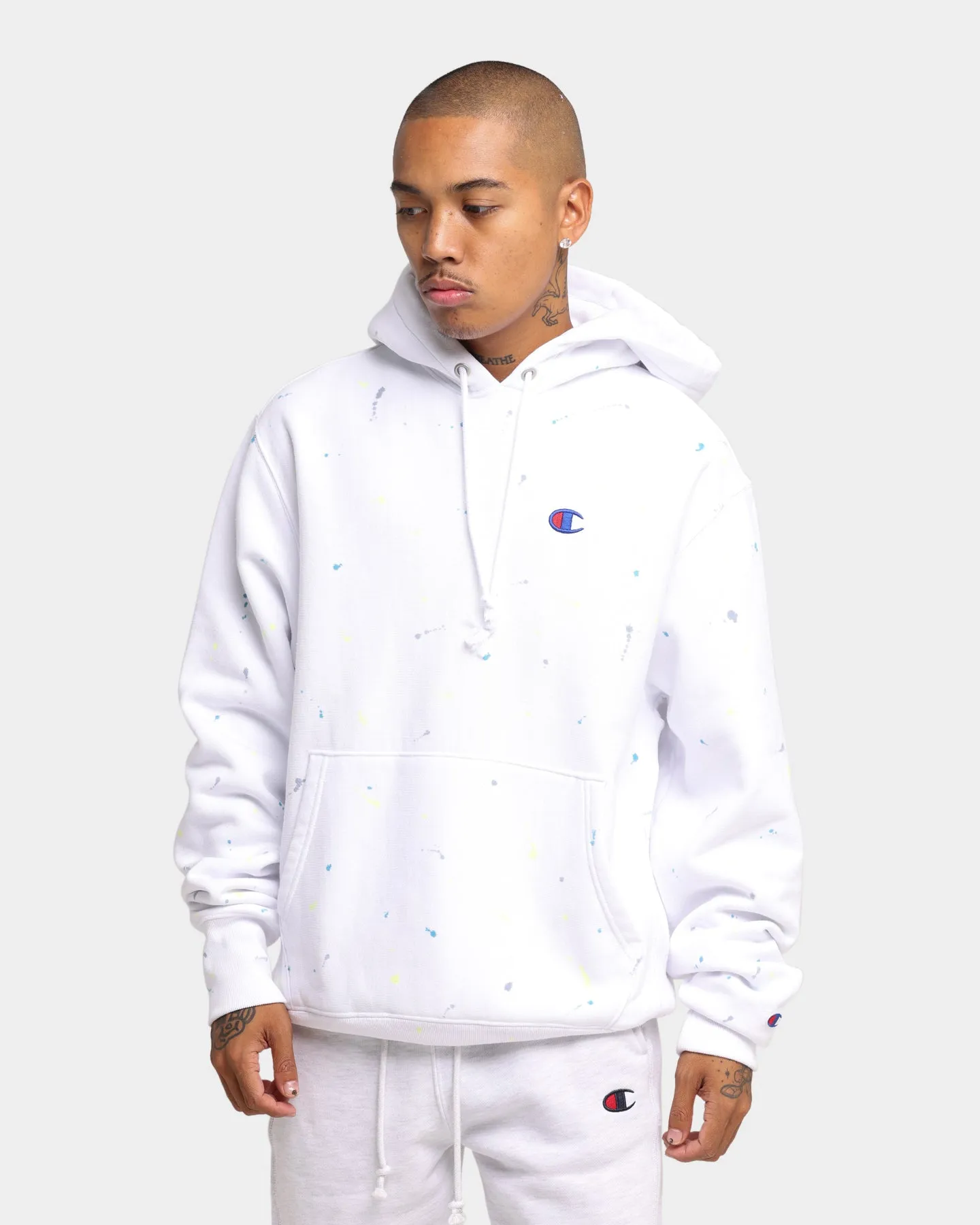 Champion Rev Weave Paint Splatter Hoodie White