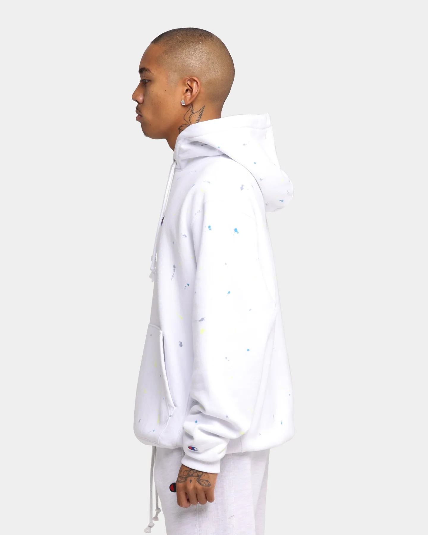 Champion Rev Weave Paint Splatter Hoodie White