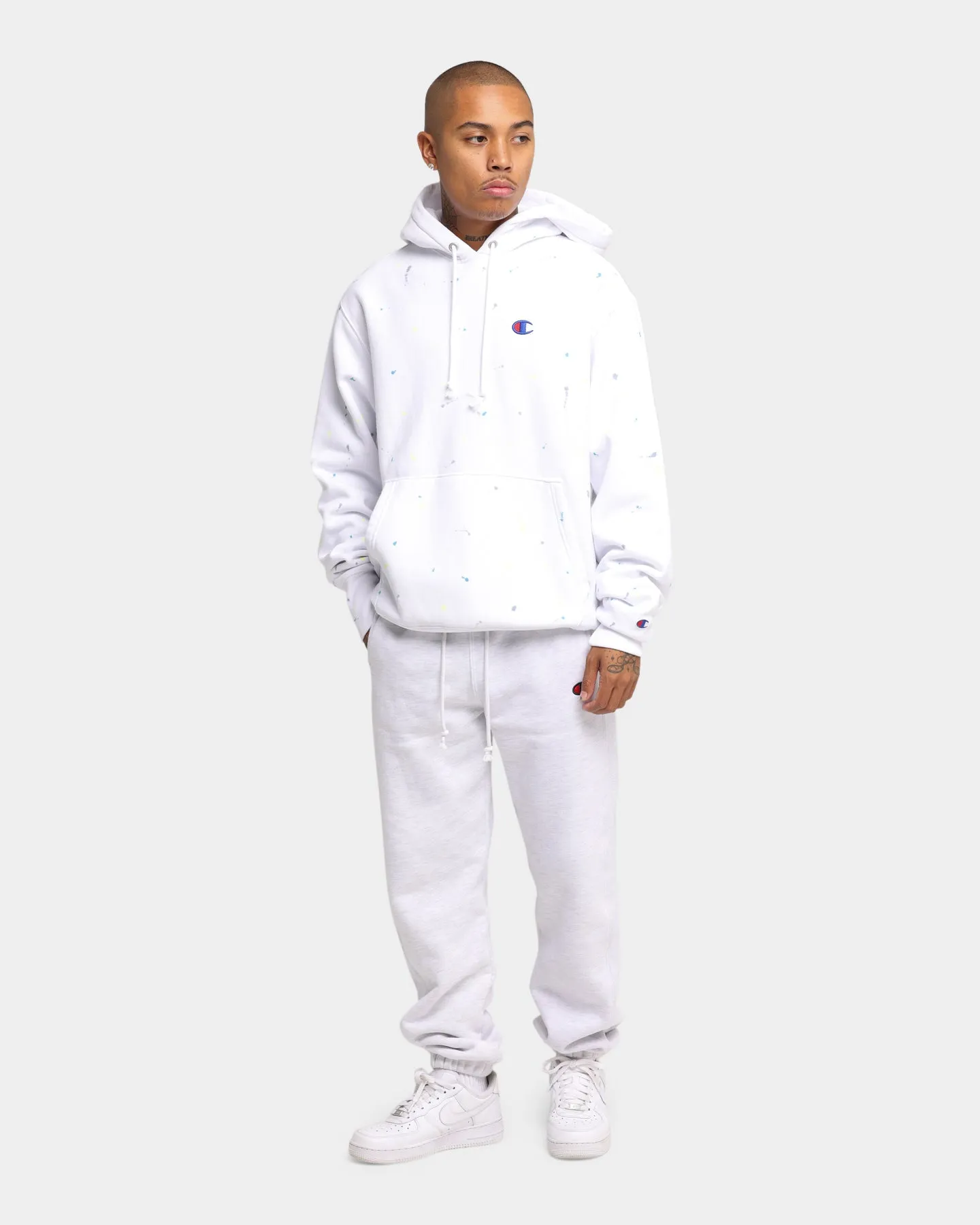 Champion Rev Weave Paint Splatter Hoodie White