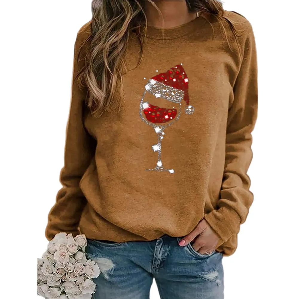 Christmas hat red wine glass pattern printed round neck long-sleeved sweater