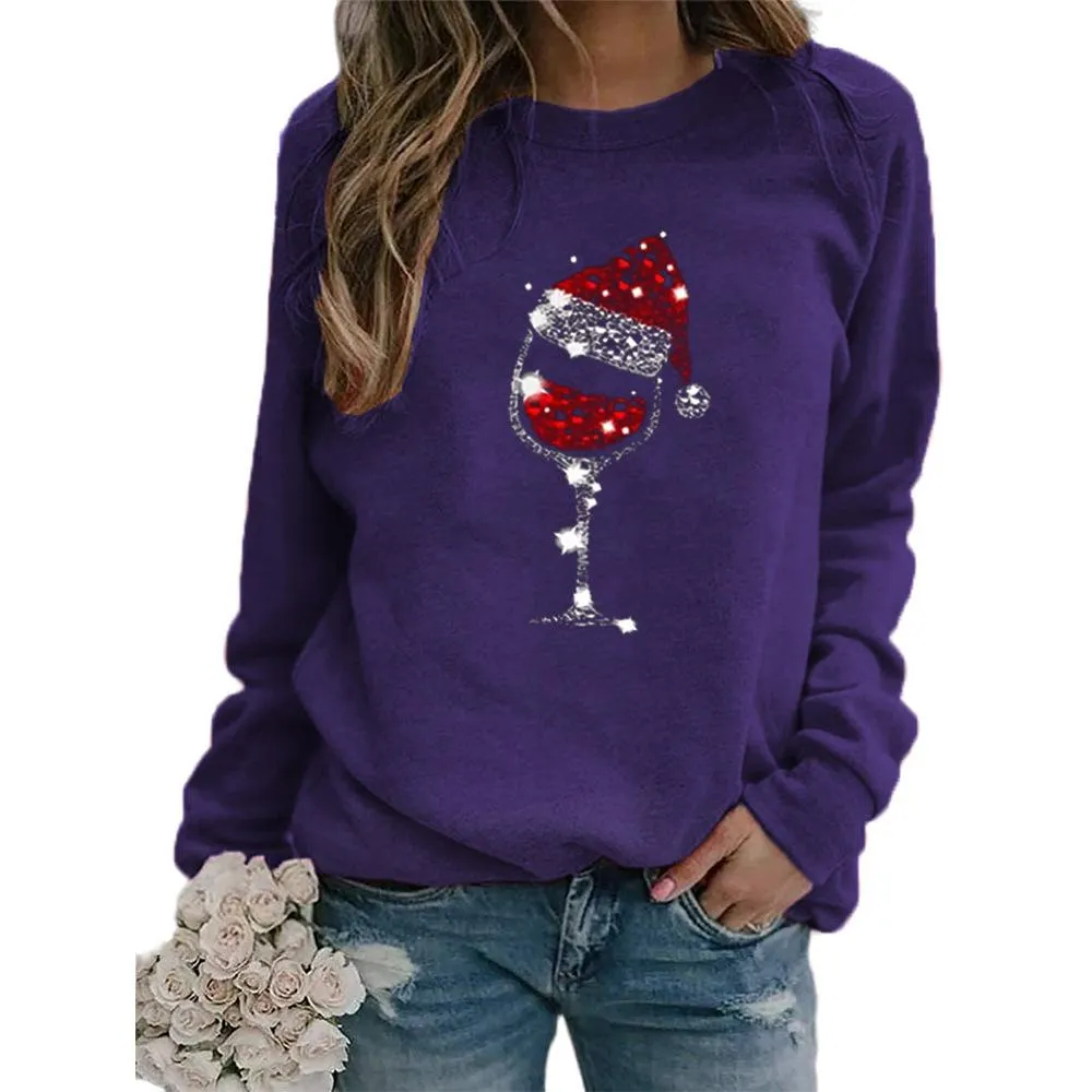 Christmas hat red wine glass pattern printed round neck long-sleeved sweater