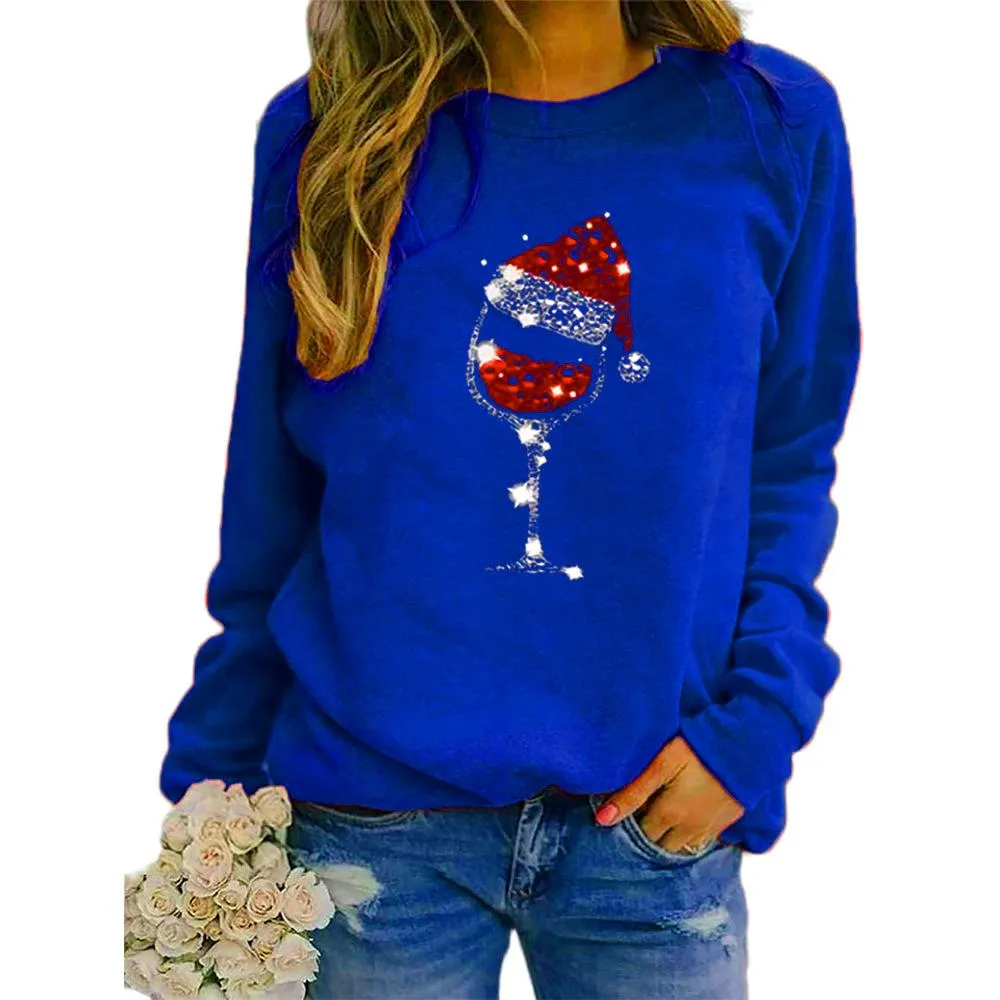 Christmas hat red wine glass pattern printed round neck long-sleeved sweater