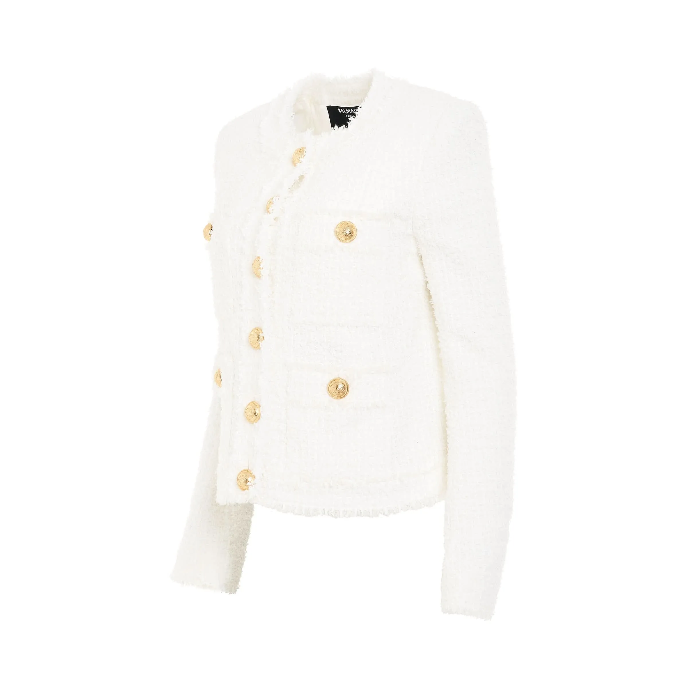 Collarless 4 Pockets Tweed Jacket in White