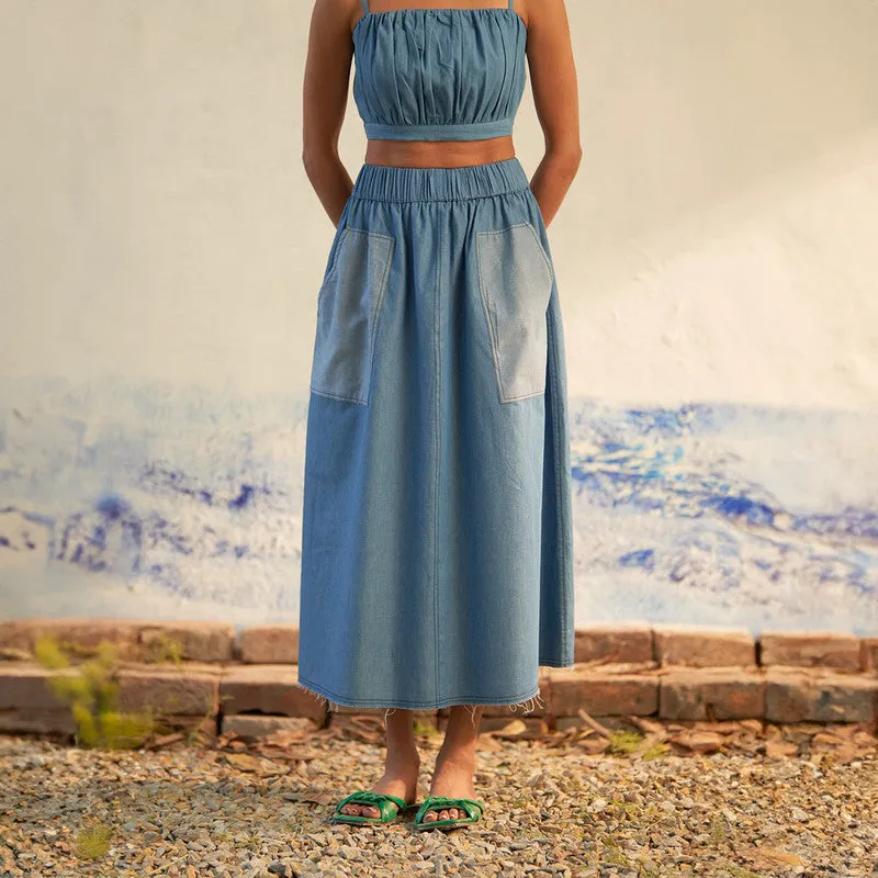 Cotton Denim Skirt for Women | Blue | Patch Pockets