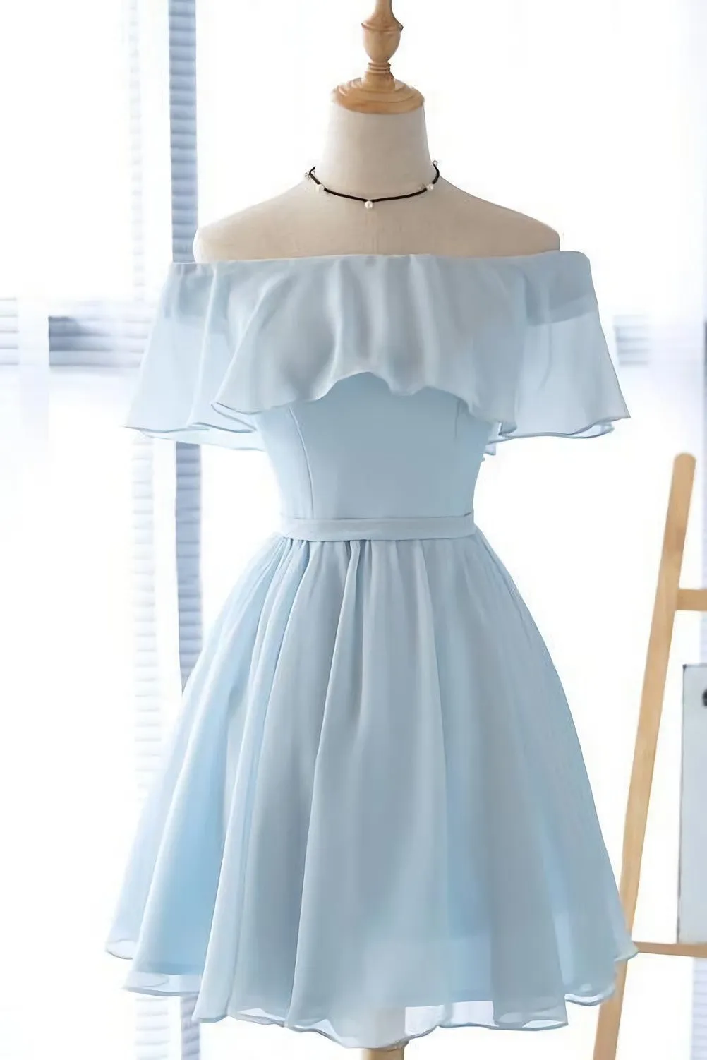 Cute Light Blue Off The Shoulder Short Prom Dresses, Chiffon Homecoming Dresses