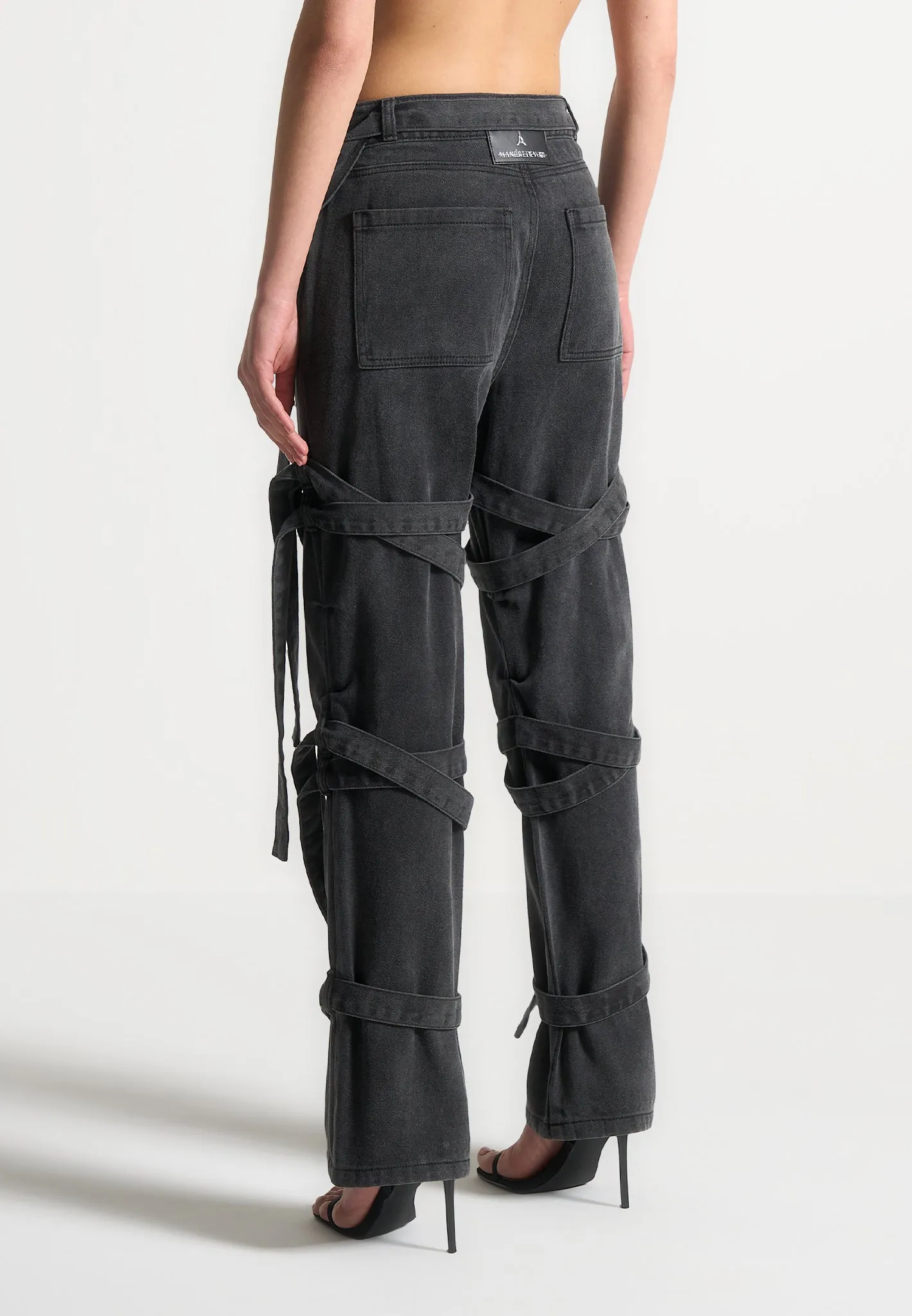 Denim Strap Cargo Jeans - Washed Black