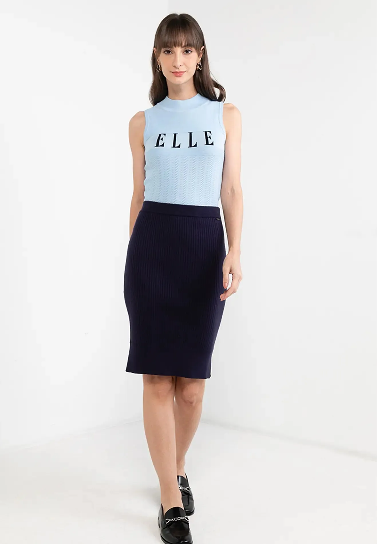 ELLE Apparel Ribbed Knit Side Slit Pencil Skirt