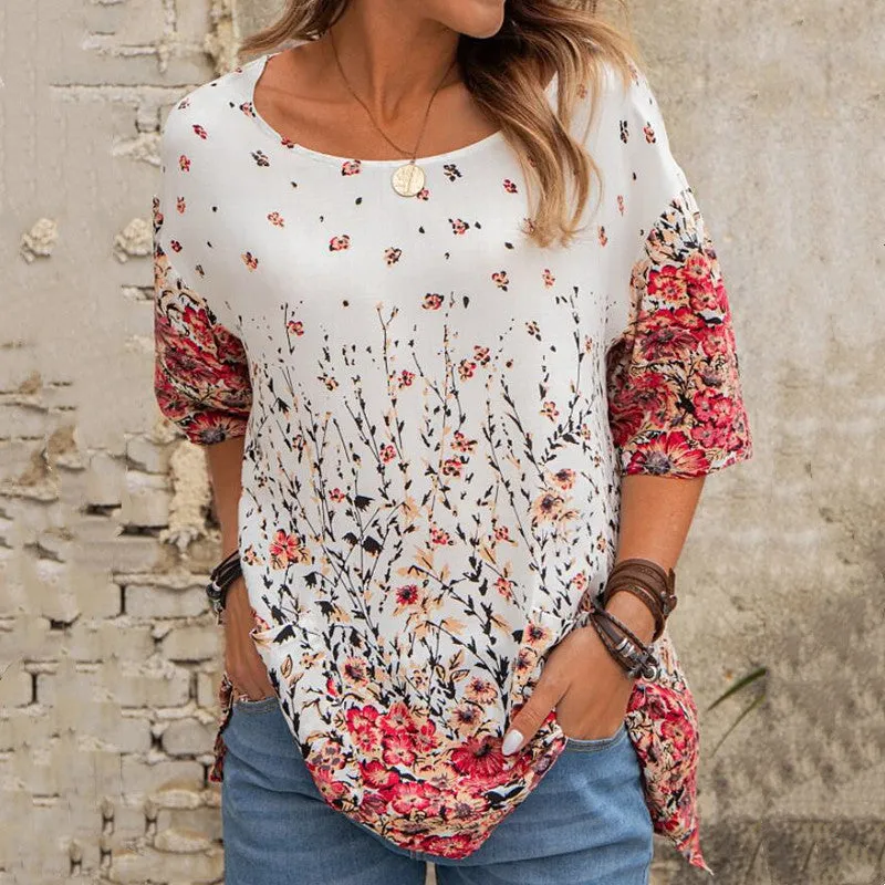 Fashion floral loose round neck short sleeve T-Shirt casual top