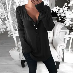 Fashion long sleeve v-neck solid color button T-shirt