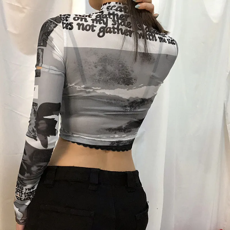 Fashion printed half high neck hollow crop top T-shirt