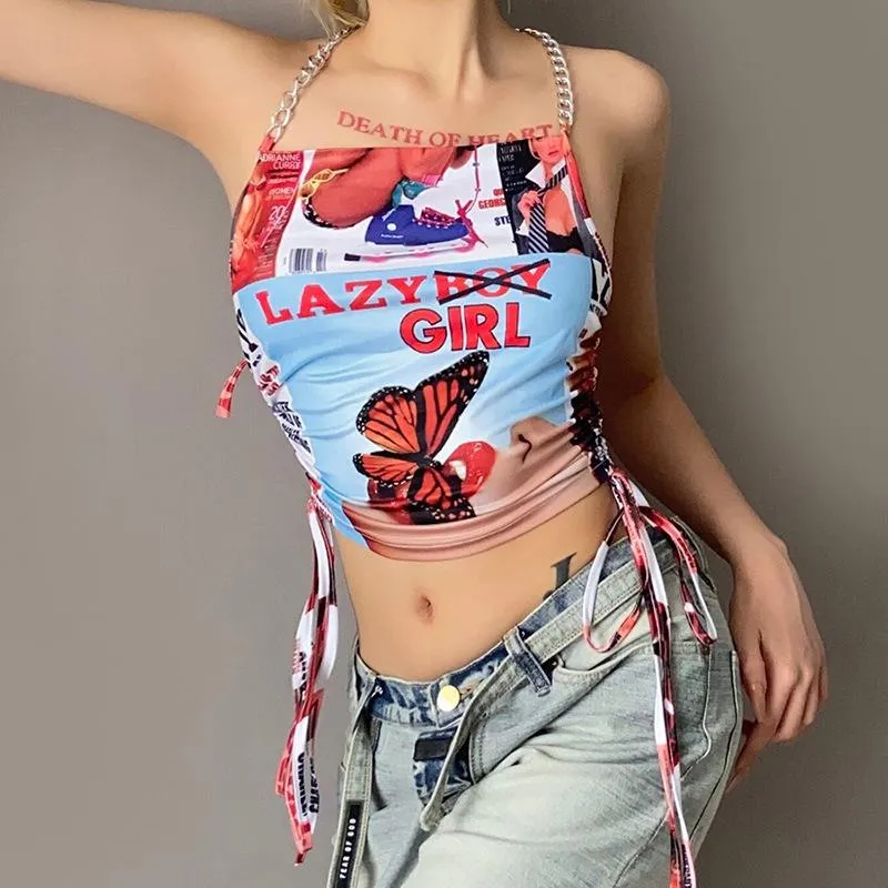 Fashion printed strappy halter neck sling vest