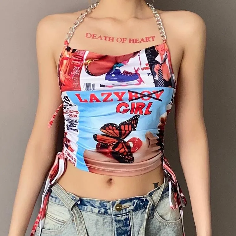 Fashion printed strappy halter neck sling vest