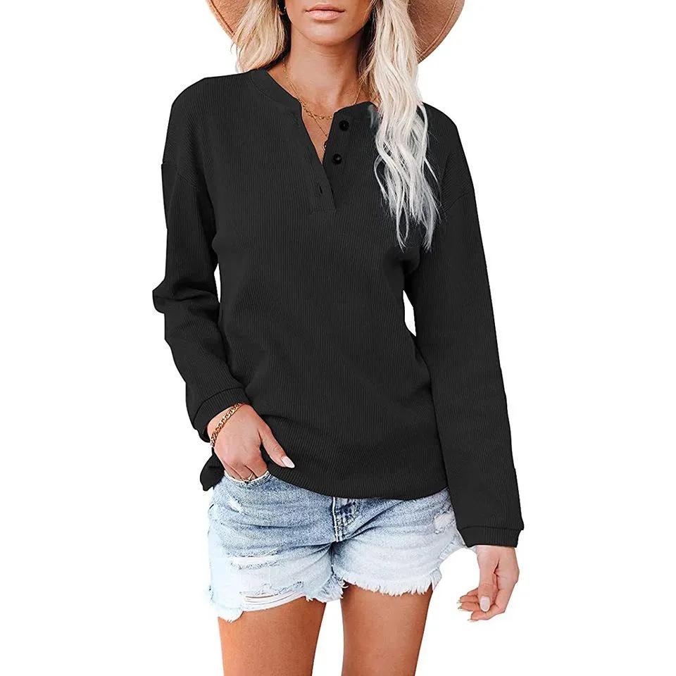 Fashion V-neck solid color long-sleeved top T-shirt women