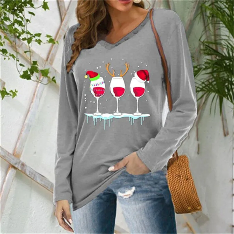 Fashionable women's V-neck button long-sleeved Christmas wine glass print blouse plus size T-shirt