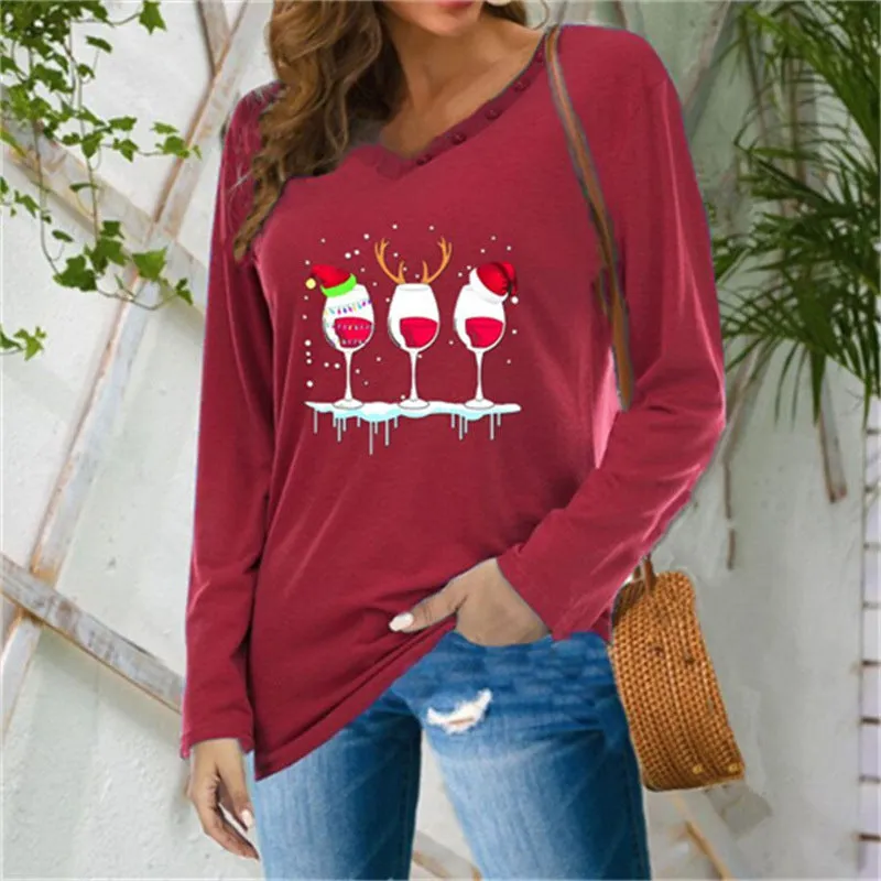 Fashionable women's V-neck button long-sleeved Christmas wine glass print blouse plus size T-shirt