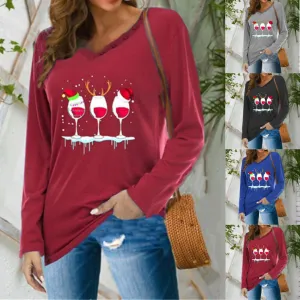 Fashionable women's V-neck button long-sleeved Christmas wine glass print blouse plus size T-shirt