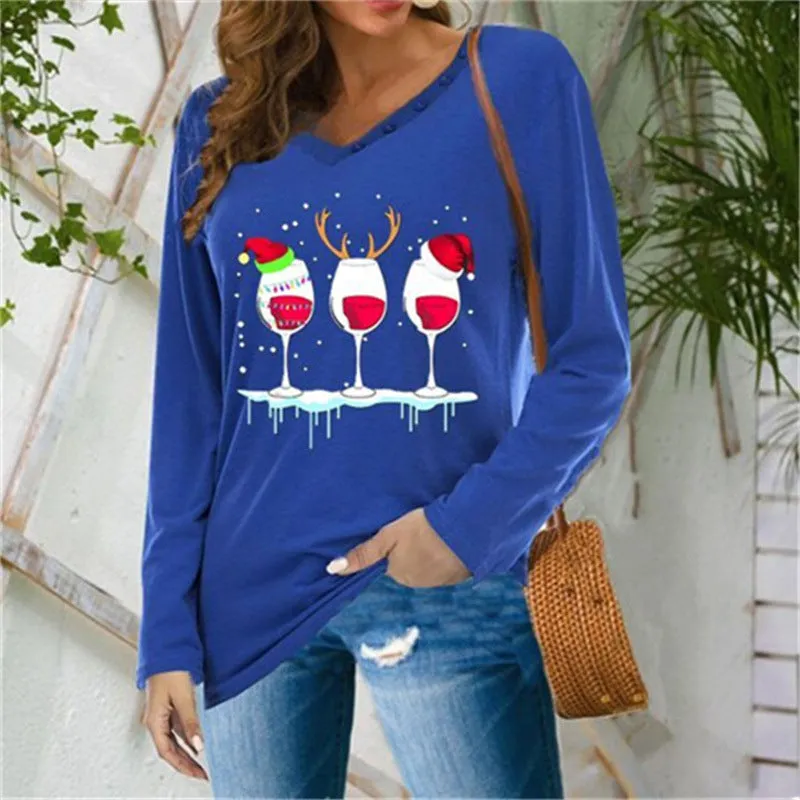 Fashionable women's V-neck button long-sleeved Christmas wine glass print blouse plus size T-shirt