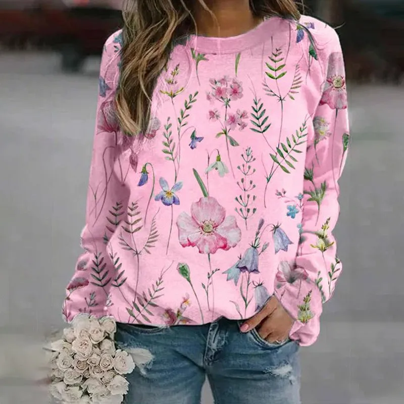 Floral Crew Neck Long Sleeves Sweatshirts