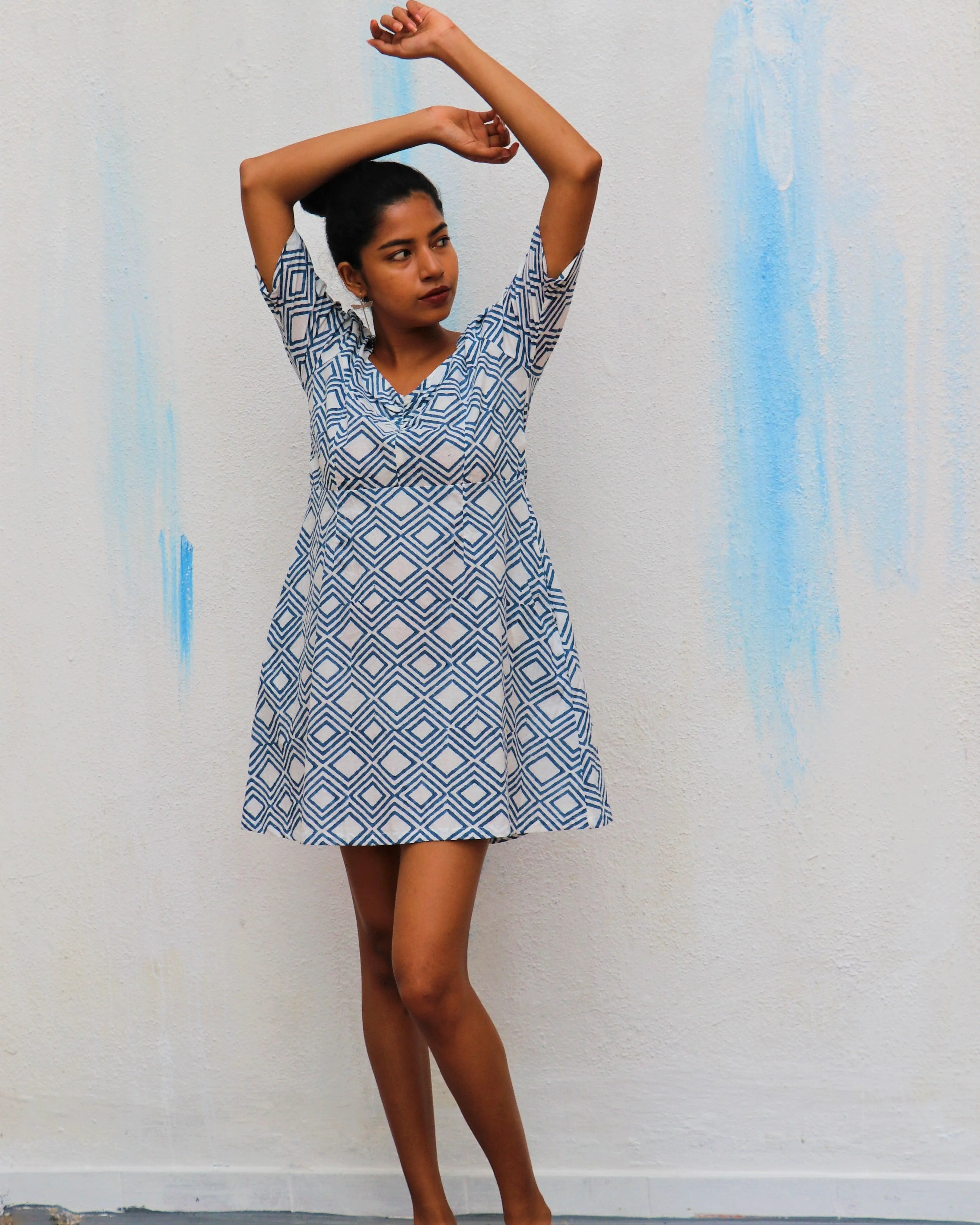 Ivory Diamond Block Printed Cotton Dress - Wic