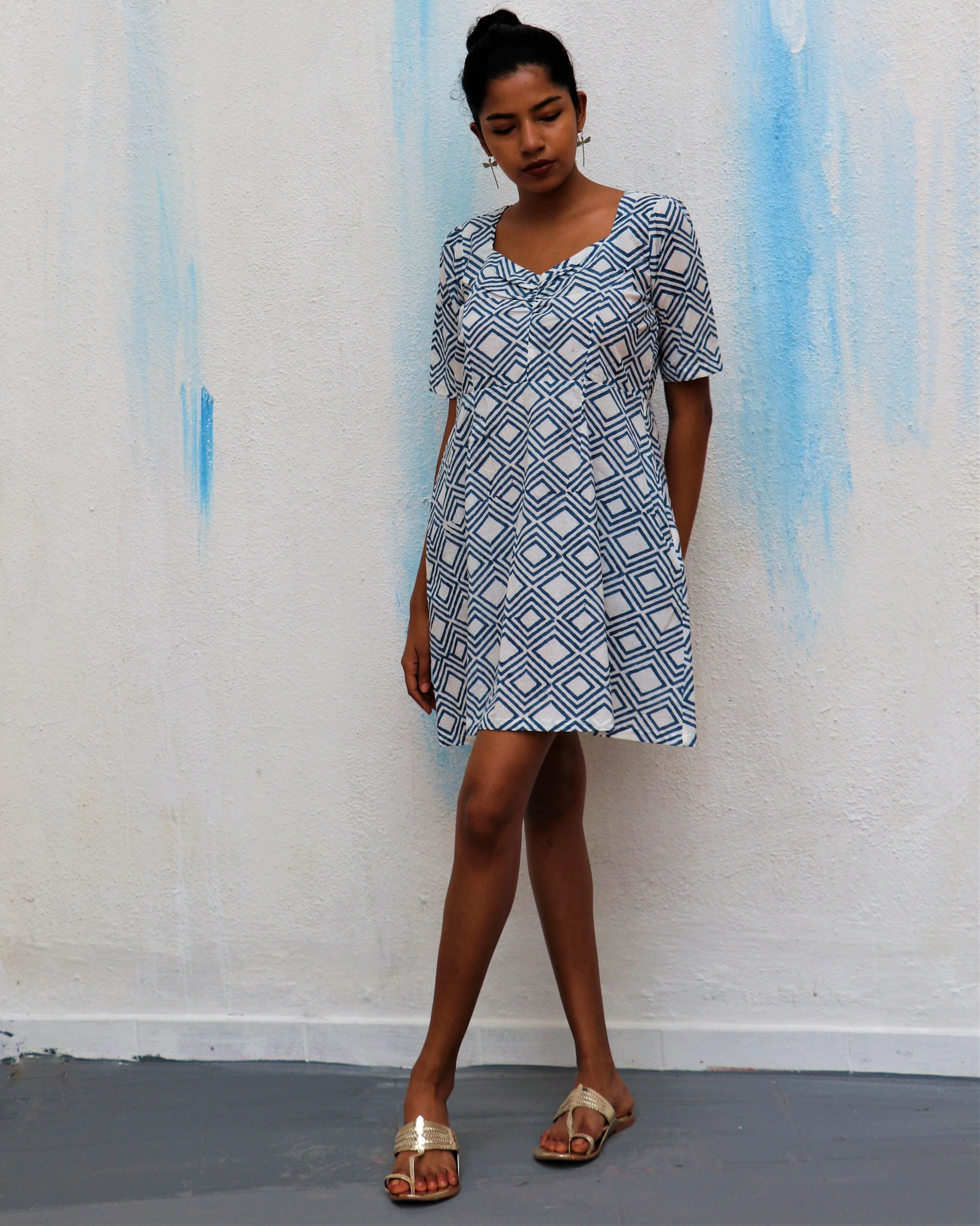 Ivory Diamond Block Printed Cotton Dress - Wic