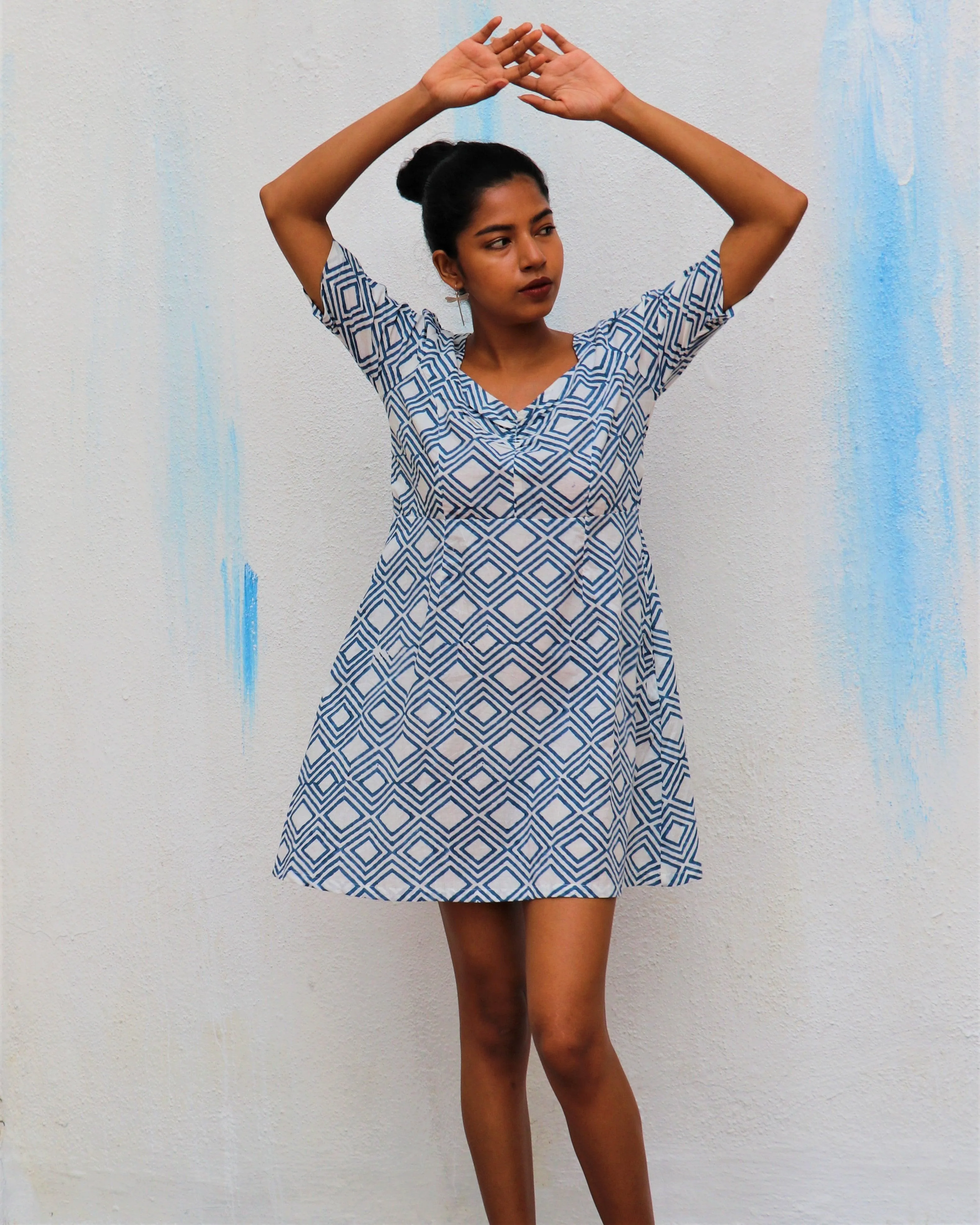 Ivory Diamond Block Printed Cotton Dress - Wic