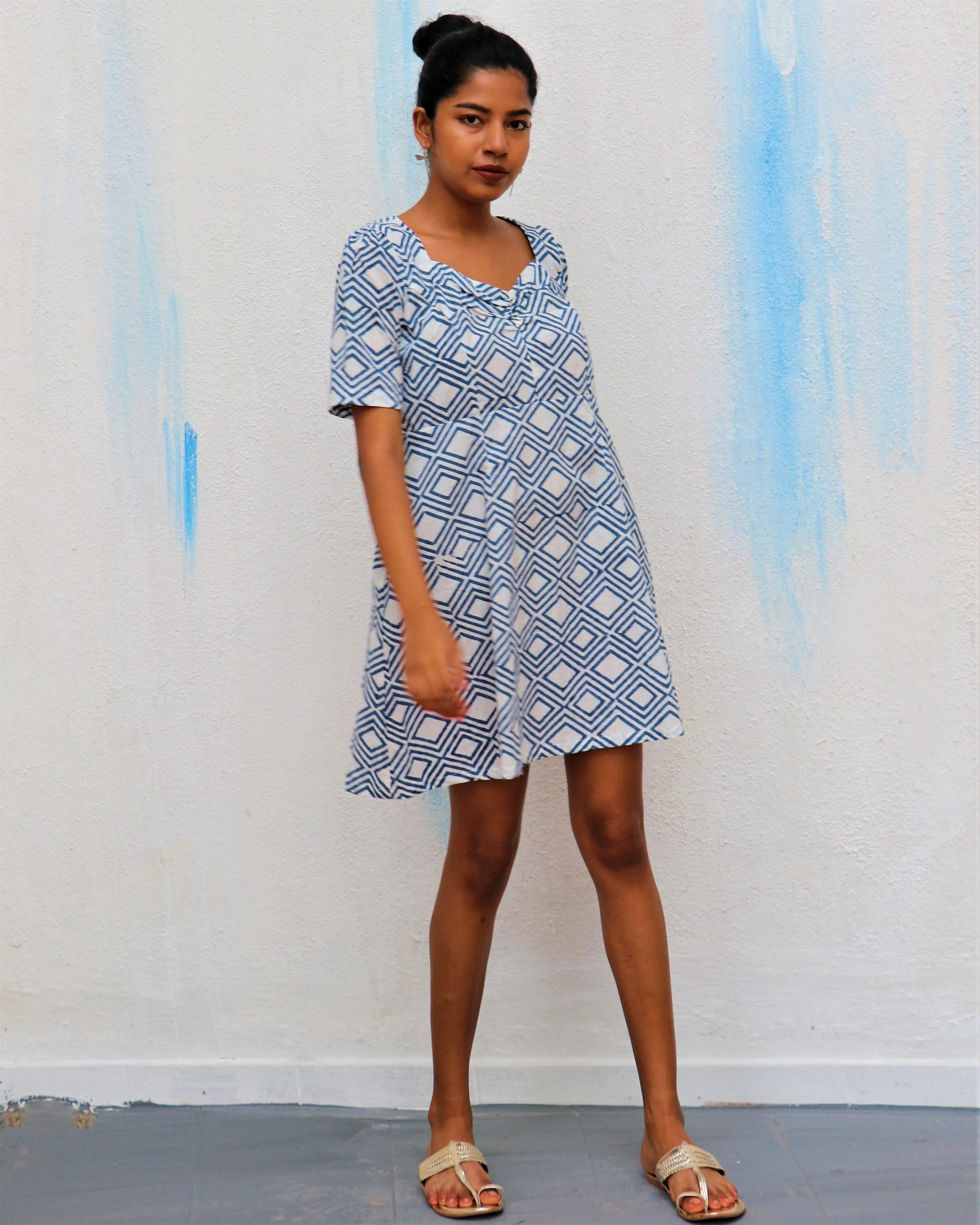 Ivory Diamond Block Printed Cotton Dress - Wic