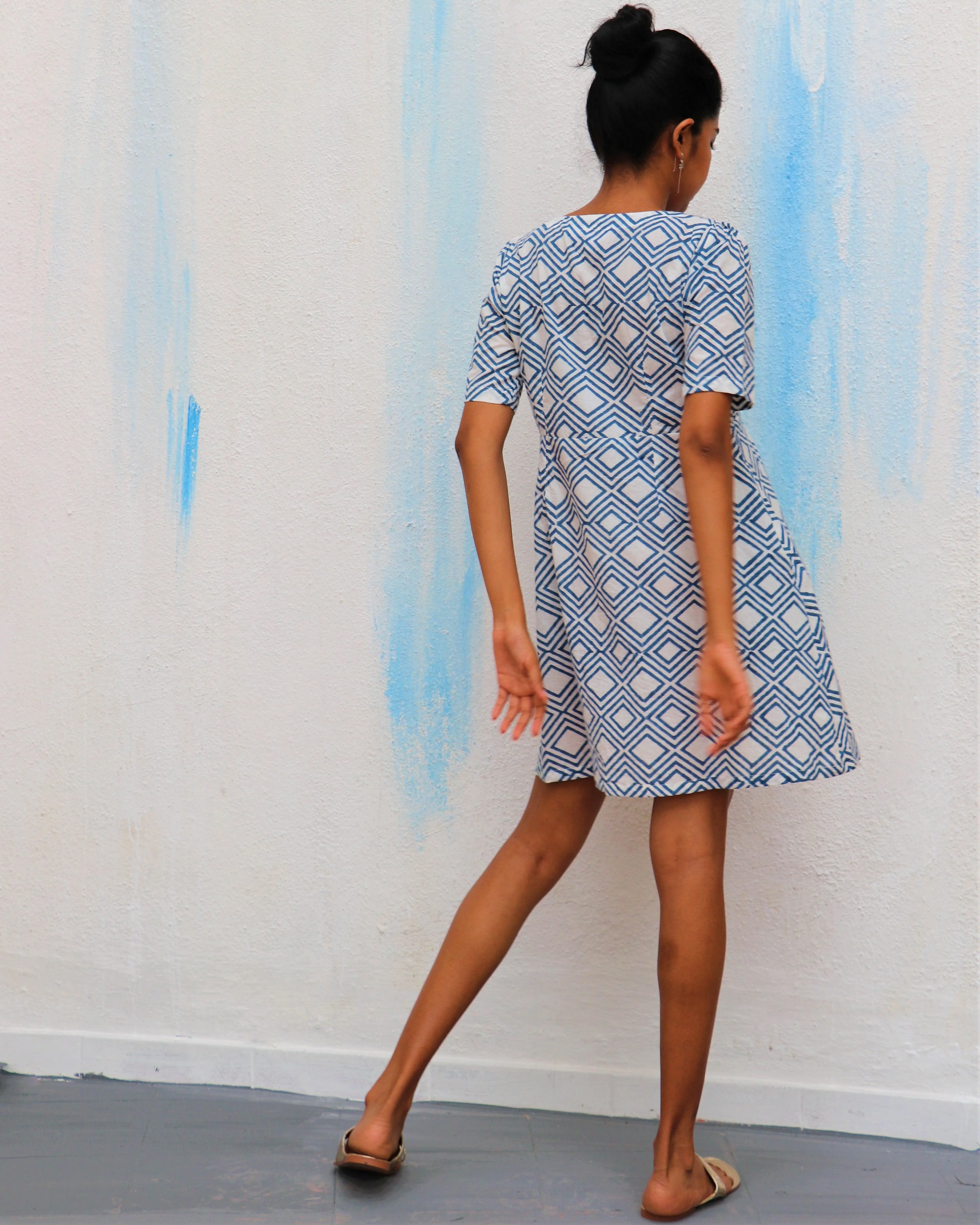 Ivory Diamond Block Printed Cotton Dress - Wic