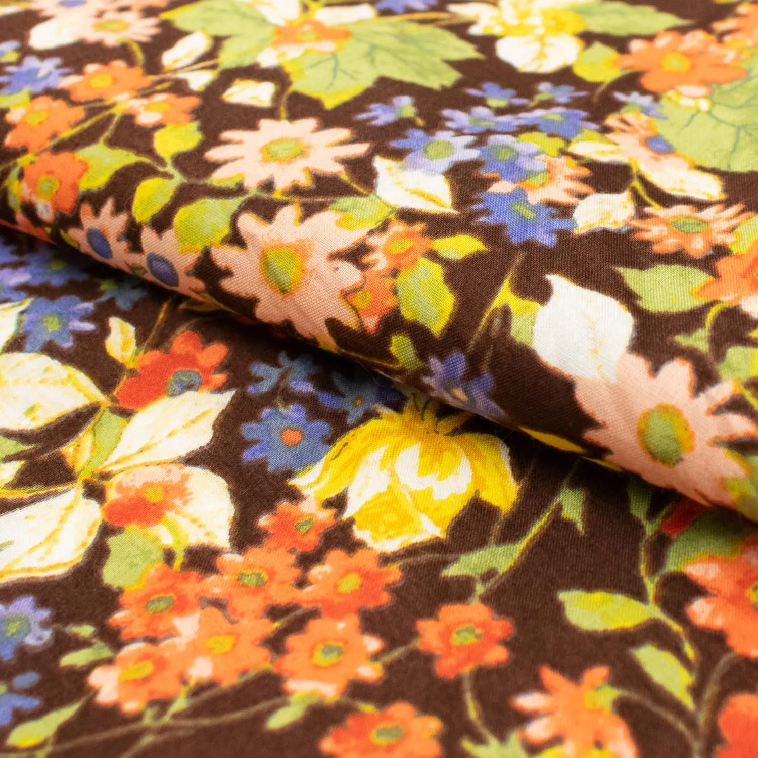 Japanese Pure Cotton Lawn Prints Design-184 Multicolour Floral Bloom on Brown