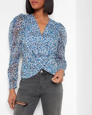 Leopard Print Faux Wrap Peplum Top in Blue Print