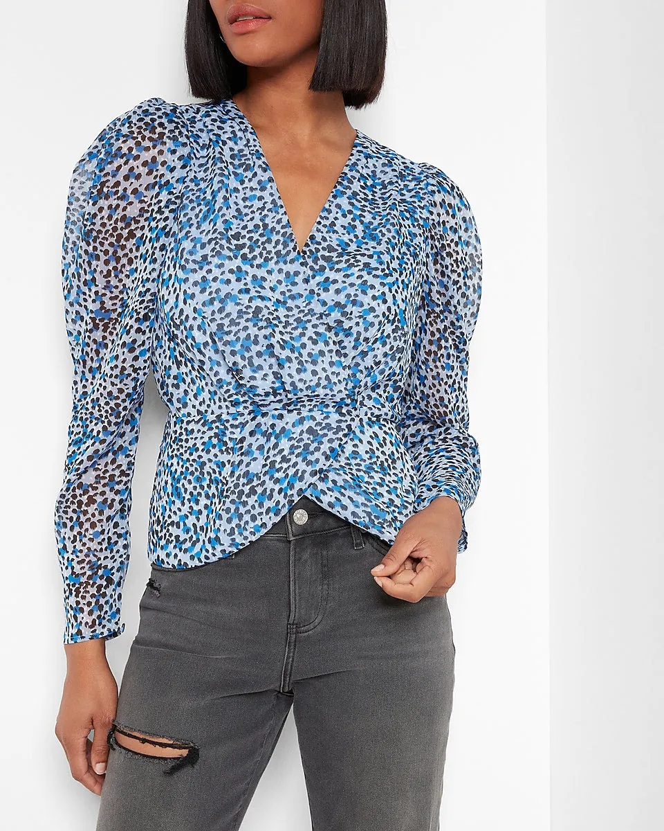 Leopard Print Faux Wrap Peplum Top in Blue Print