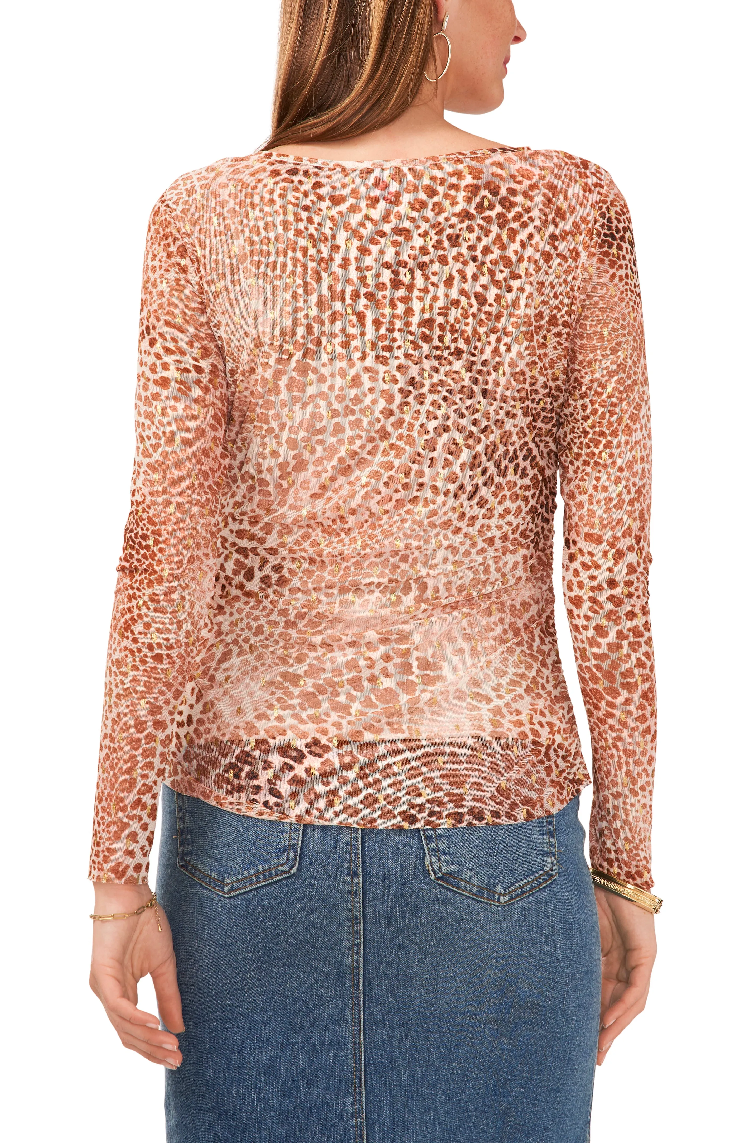 Leopard Print Shirred Long Sleeve Top